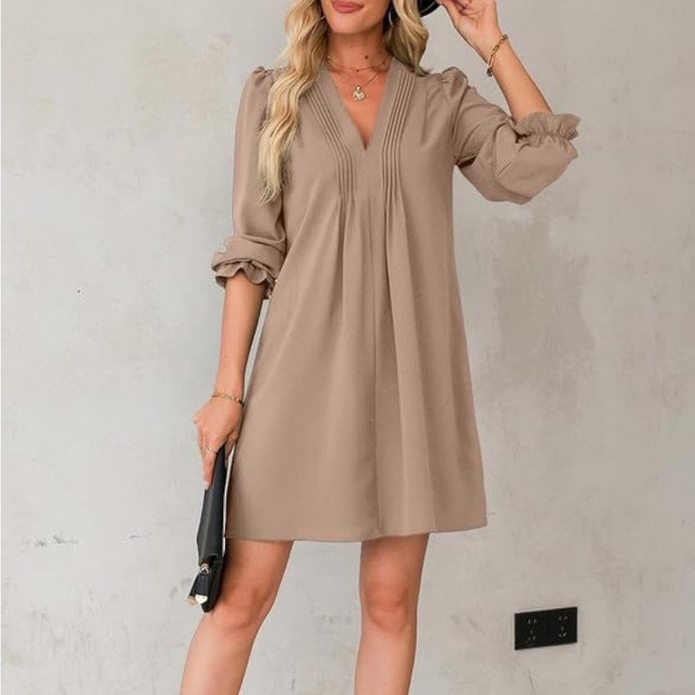 ⟡ camel/tan long-sleeve babydoll mini dress in size S ⟡